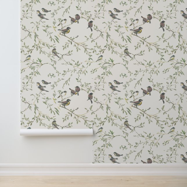 Elegant Vintage Vogel- en Takpatroon  Behang (Applicatie)