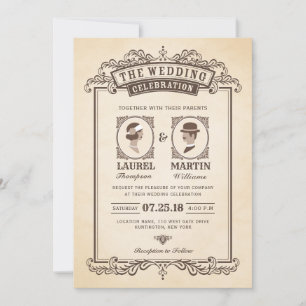 Elegant Vintage Wedding Invitation Bride & Groom Kaart