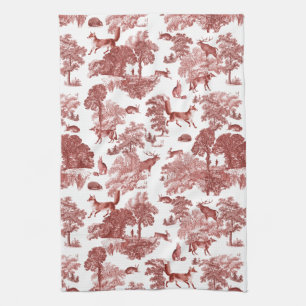 Elegant Vintage Woodland Fox Rabbit Red Toile Theedoek