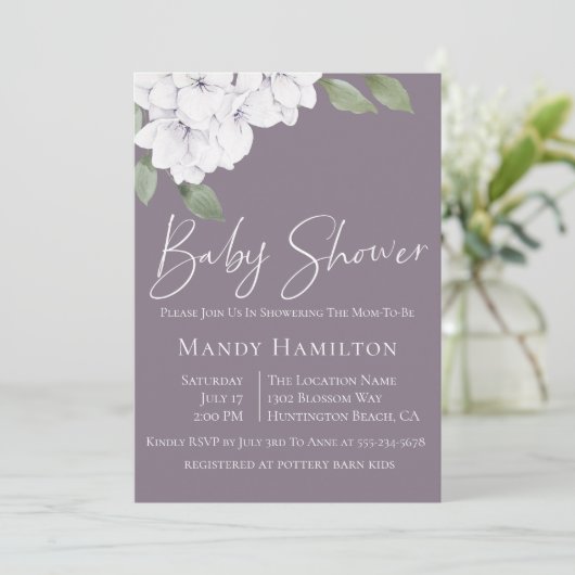 Elegant Violet Floral Baby shower Uitnodiging (Staand voorkant)