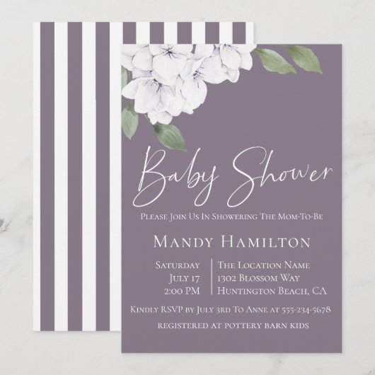 Elegant Violet Floral Baby shower Uitnodiging (Voorkant / Achterkant)