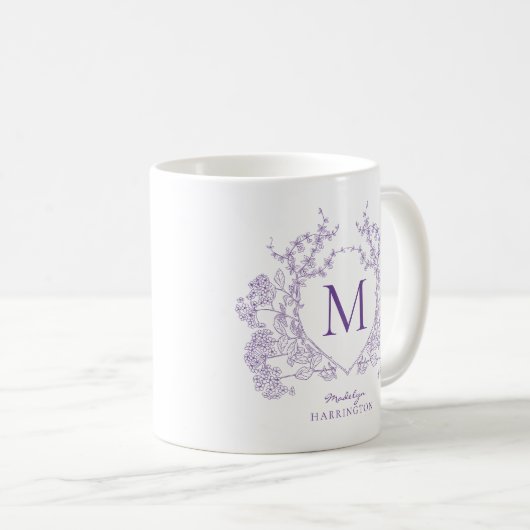 Elegant  Violet Floral Crest Monogram Koffiemok (Voorkant rechts)