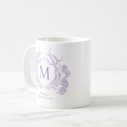 Elegant  Violet Floral Crest Monogram Koffiemok (Voorkant links)
