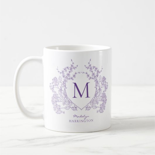 Elegant  Violet Floral Crest Monogram Koffiemok (Links)