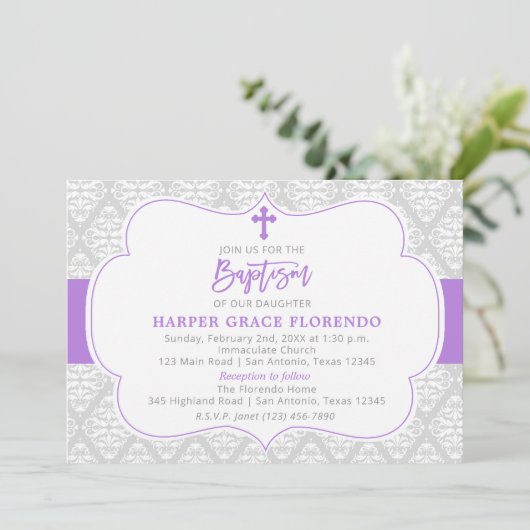 Elegant Violet Girl Baptism Invitation Kaart (Staand voorkant)