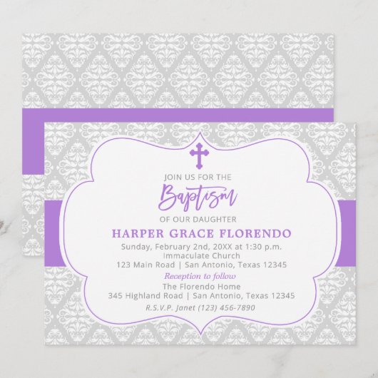 Elegant Violet Girl Baptism Invitation Kaart (Voorkant / Achterkant)