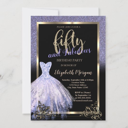 Elegant Violet Glitter Dress 50th Birthday Party Kaart (Voorkant)