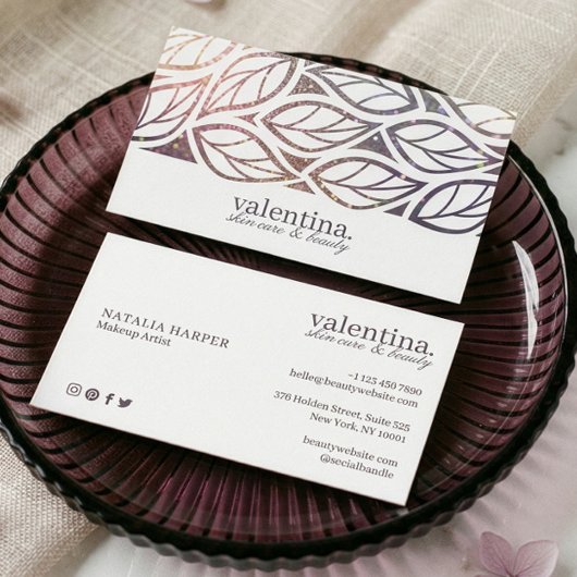 Elegant Violet Glitter Leaf Pattern Beauty Makeup Visitekaartje