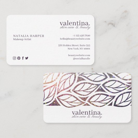 Elegant Violet Glitter Leaf Pattern Beauty Makeup Visitekaartje (Voorkant / Achterkant)