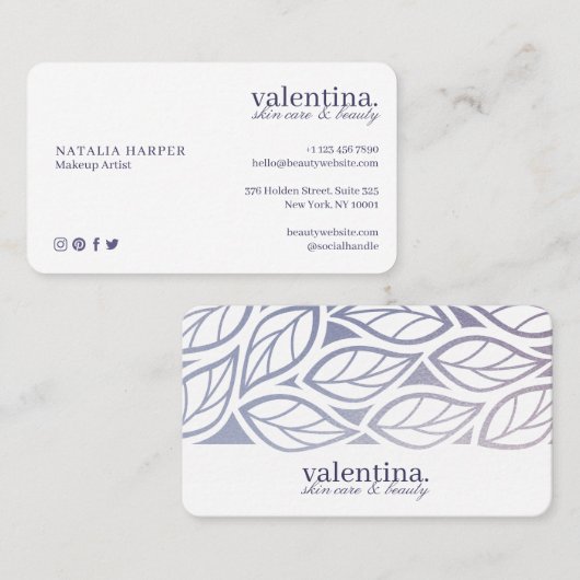 Elegant Violet Glitter Leaf Pattern Beauty Makeup Visitekaartje (Voorkant / Achterkant)