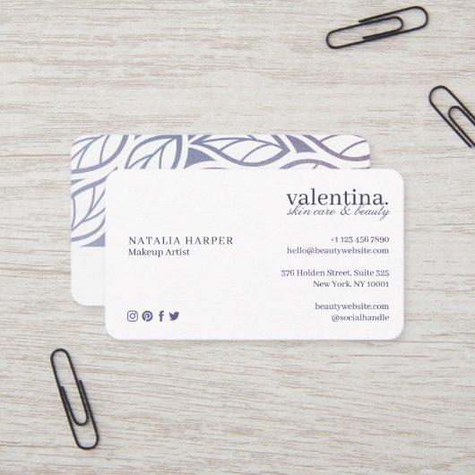 Elegant Violet Glitter Leaf Pattern Beauty Makeup Visitekaartje (Voorkant / Achterkant in situ)