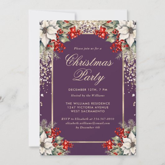 Elegant Violet Gold Botanical Christmas Party Kaart (Voorkant)