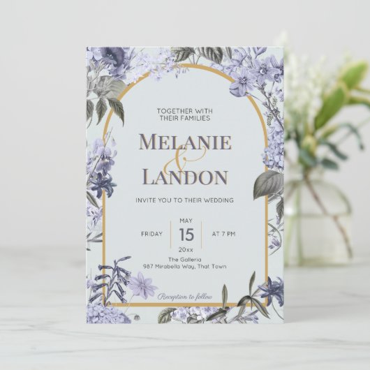 Elegant violet & gold hydrangea wedding invitation kaart (Staand voorkant)