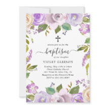 Elegant Violet Paars Floral Cross Girl Baptisme