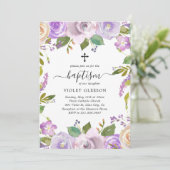 Elegant Violet Paars Floral Cross Girl Baptisme Kaart (Staand voorkant)