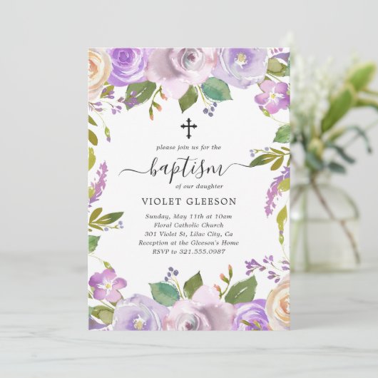Elegant Violet Paars Floral Cross Girl Baptisme Kaart (Staand voorkant)