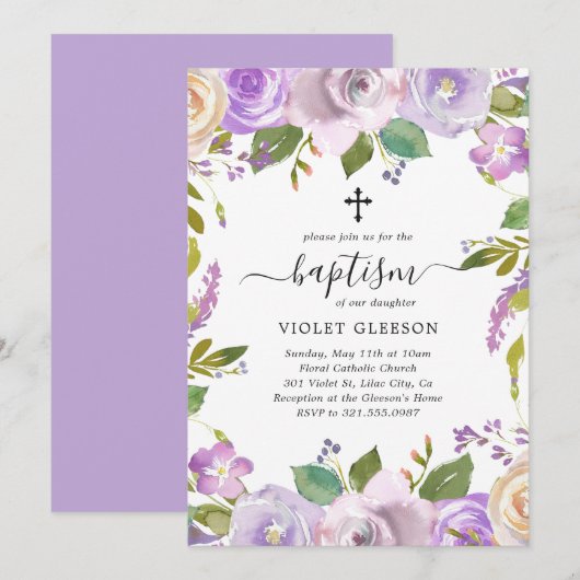 Elegant Violet Paars Floral Cross Girl Baptisme Kaart (Voorkant / Achterkant)