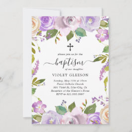 Elegant Violet Paars Floral Cross Girl Baptisme Kaart