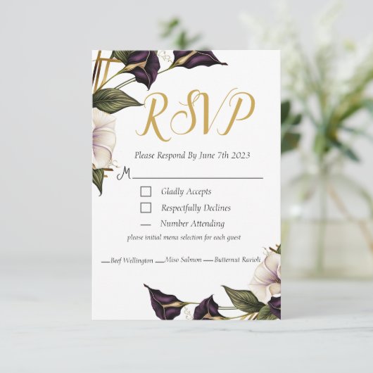 Elegant Violet Paarse Calla Lily RSVP Weddenschap (Staand voorkant)