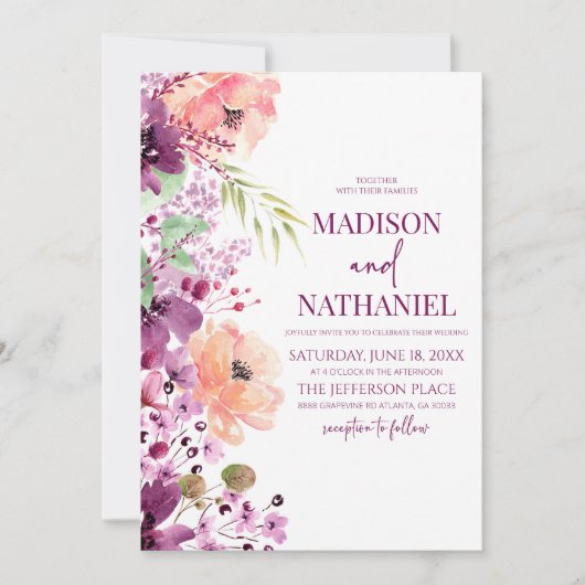 Elegant Violet Paarse Roze Bloemen Bruiloft Kaart (Voorkant)