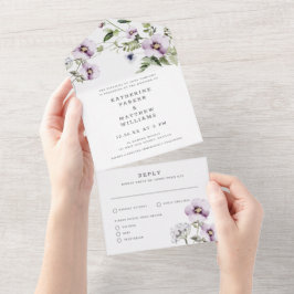 Elegant Violet Pansy Floral Waterverf Wedding All In One Uitnodiging