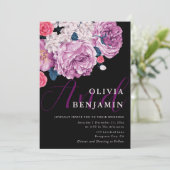 Elegant Violet Roos Kalligrafie Zwart Bruiloft Kaart (Staand voorkant)
