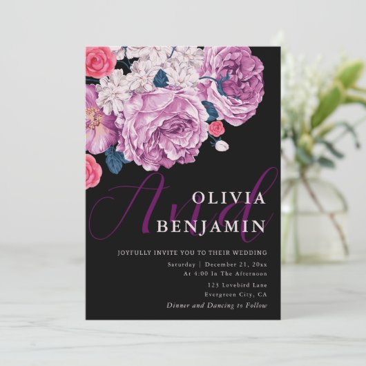 Elegant Violet Roos Kalligrafie Zwart Bruiloft Kaart (Staand voorkant)