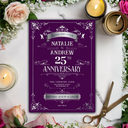 Elegant Violet Silver 25e bruiloft Jubileum Folie Uitnodiging