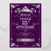 Elegant Violet Silver 25e bruiloft Jubileum Folie Uitnodiging (Voorkant)