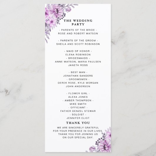Elegant Violet Watercolor Flowers - Wedding  Programmakaart (Achterkant)