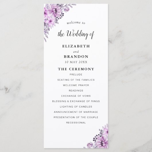 Elegant Violet Watercolor Flowers - Wedding  Programmakaart (Voorkant)
