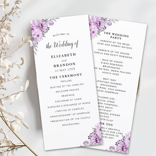Elegant Violet Watercolor Flowers - Wedding Programmakaart