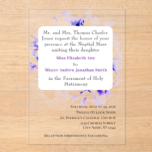 Elegant Violets Catholic Wedding Invitation Acryl Uitnodigingen (Voorkant)