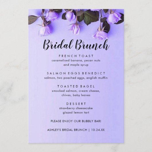 Elegant Violets Paars Floral Bridal Brunch Menu (Voorkant)