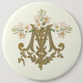 Elegant Virgin Mary Gold Marian Cross Lilies Kaart Ronde Button 6,0 Cm