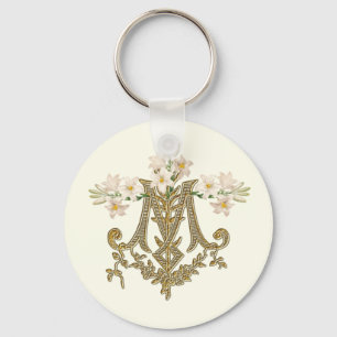 Elegant Virgin Mary Gold Marian Cross Lilies Kaart Sleutelhanger