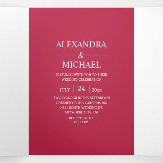 Elegant Viva Magenta Script Weddenschap Drieluik Uitnodiging (Binnenkant midden)