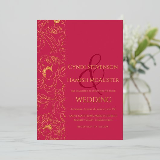 Elegant Viva Magenta Wedding Gold Foil Uitnodiging (Staand Voorkant)