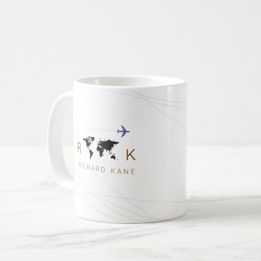 elegant vliegtuig + plattegrond monogrammen op wit koffiemok (Voorkant links)