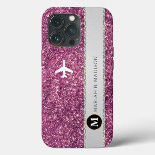 Elegant Vliegtuig Roze Zilver Glitter monogram Case-Mate iPhone Case