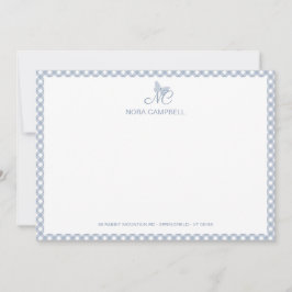Elegant vlindermonogram Dusty Blue Gingham Notitiekaartje