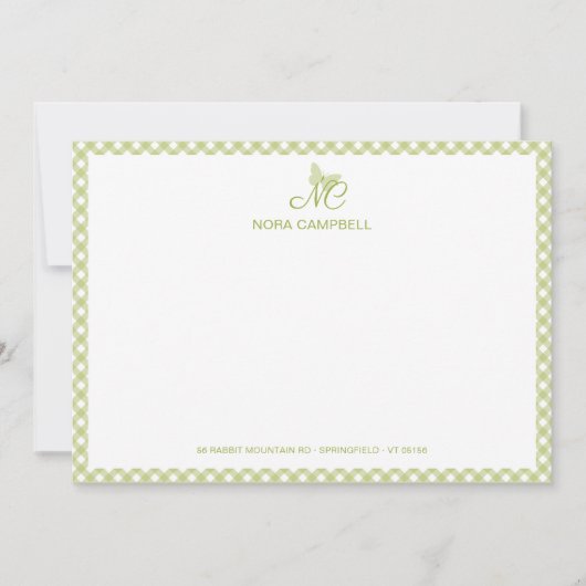 Elegant Vlindermonogram Green Gingham Note Kaart Notitiekaartje (Voorkant)