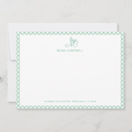Elegant vlindermonogram Mint Green Gingham Notitiekaartje