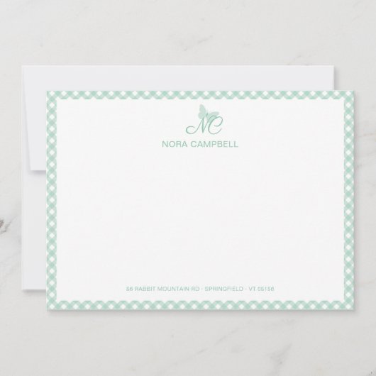 Elegant vlindermonogram Mint Green Gingham Notitiekaartje (Voorkant)