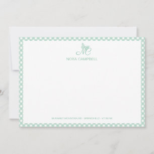 Elegant vlindermonogram Mint Green Gingham Notitiekaartje