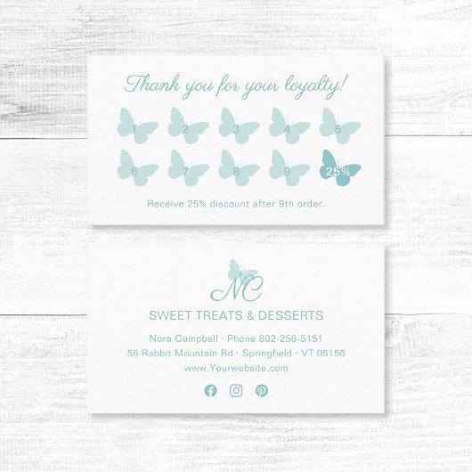 Elegant vlindermonogram Schattige pastel turquoise Klantenkaartje