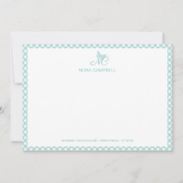 Elegant vlindermonogram Turquoise Gingham Notitiekaartje