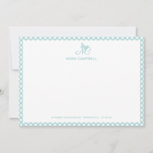 Elegant vlindermonogram Turquoise Gingham Notitiekaartje (Voorkant)