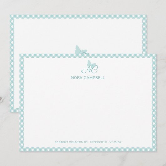 Elegant vlindermonogram Turquoise Gingham Notitiekaartje (Voorkant / Achterkant)