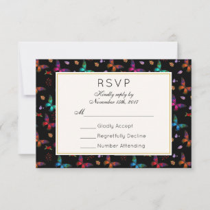 Elegant vlinderpatroon op zwart bruiloft RSVP Kaartje